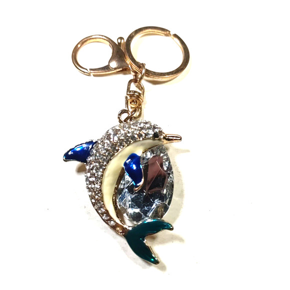 Jumping Dolphin Rhinestone Keychain Gold Tone Clear Blue Ocean Beach - Picture 3 of 5